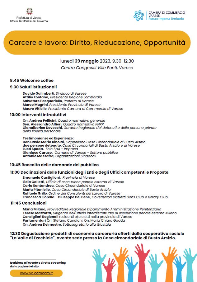 Locandina contenente il programma dell'evento carcere e lavoro di lunedì 29 maggio 2023 a Ville Ponti - Varese